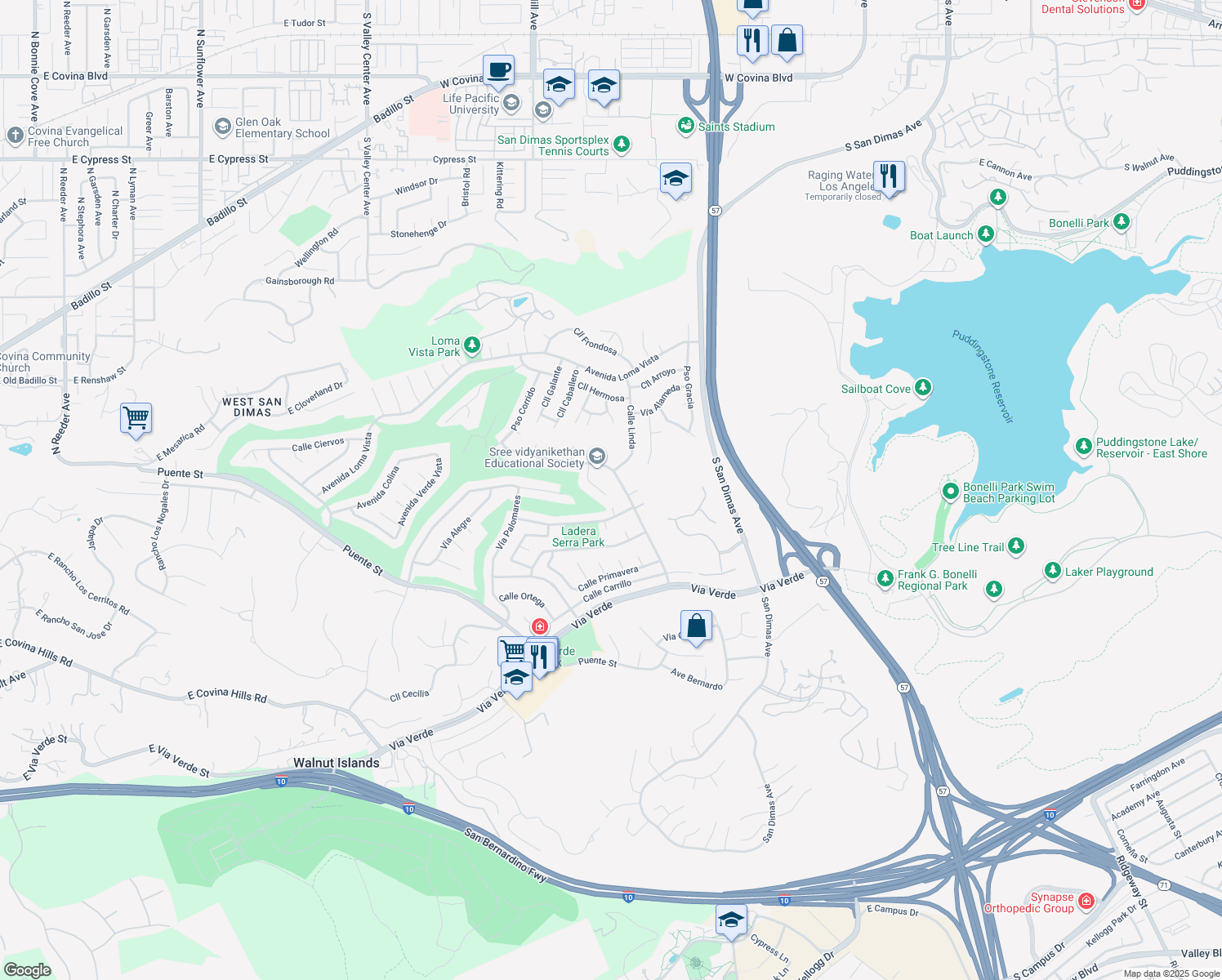 map of restaurants, bars, coffee shops, grocery stores, and more near 1642 Calle De Armonia in San Dimas