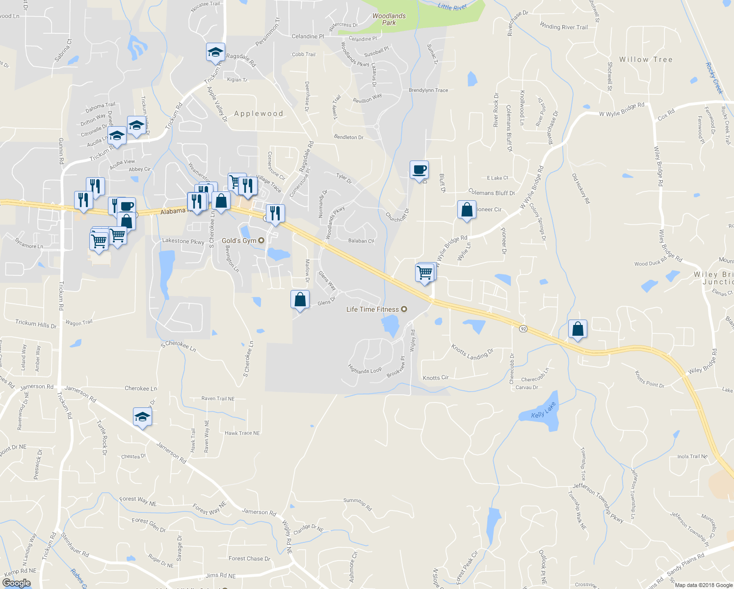 map of restaurants, bars, coffee shops, grocery stores, and more near 432 Mountain View Lane in Woodstock