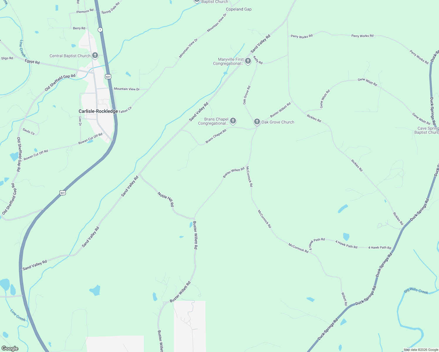 map of restaurants, bars, coffee shops, grocery stores, and more near 2055 Buster Willett Road in Attalla