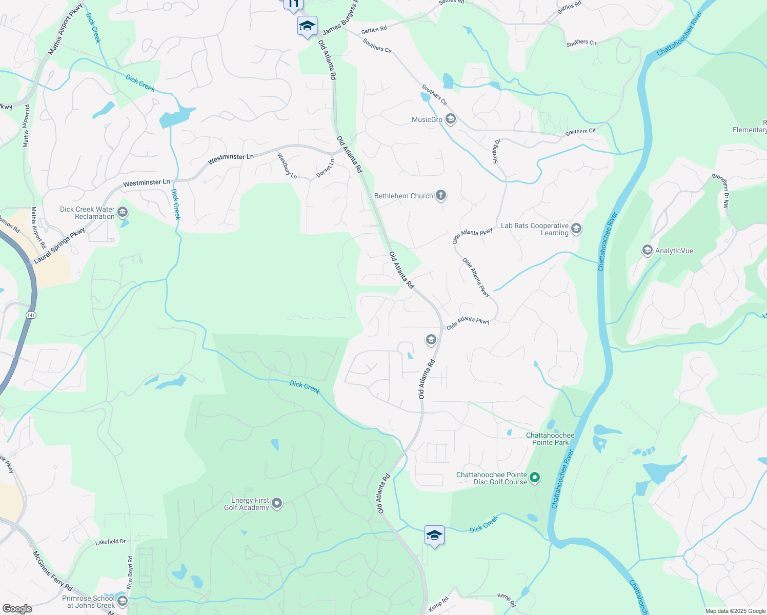 map of restaurants, bars, coffee shops, grocery stores, and more near 5725 Swift Creek Court in Suwanee