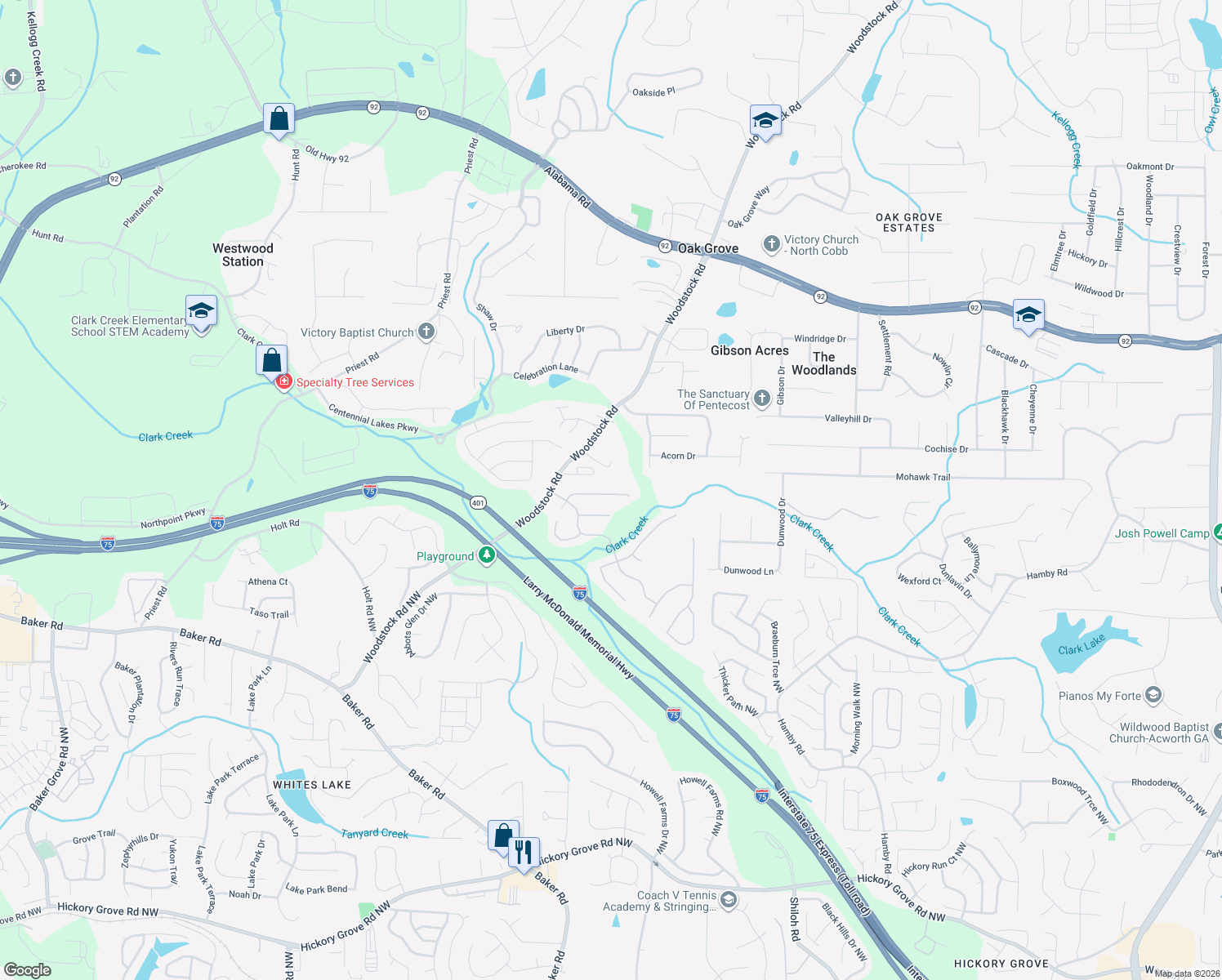 map of restaurants, bars, coffee shops, grocery stores, and more near 2518 Centennial Commons View NW in Acworth