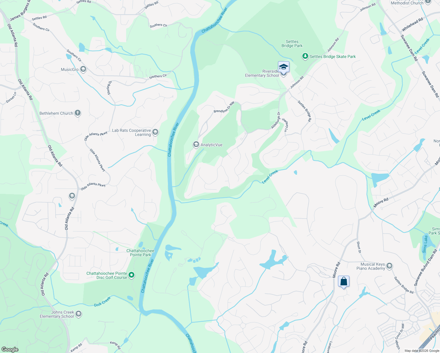map of restaurants, bars, coffee shops, grocery stores, and more near 5083 Brendlynn Drive Northwest in Suwanee