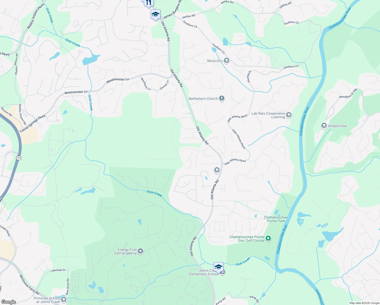 map of restaurants, bars, coffee shops, grocery stores, and more near 5730 Swift Creek Court in Suwanee
