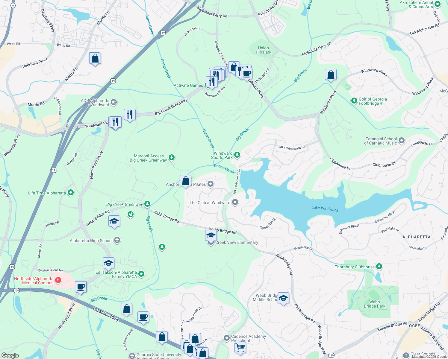 map of restaurants, bars, coffee shops, grocery stores, and more near 6225 Pin Oak Lane in Alpharetta