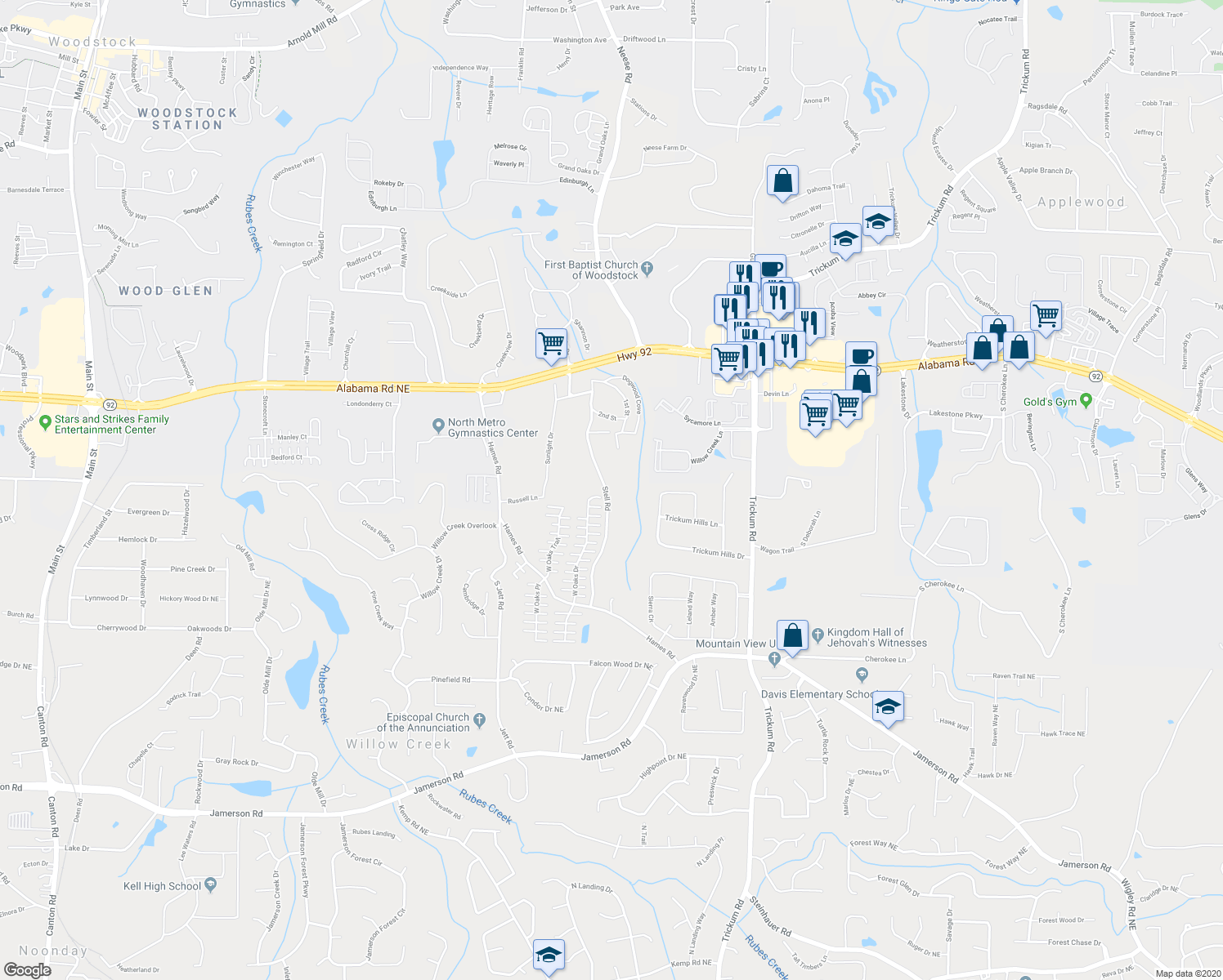 map of restaurants, bars, coffee shops, grocery stores, and more near 522 Stell Road in Woodstock