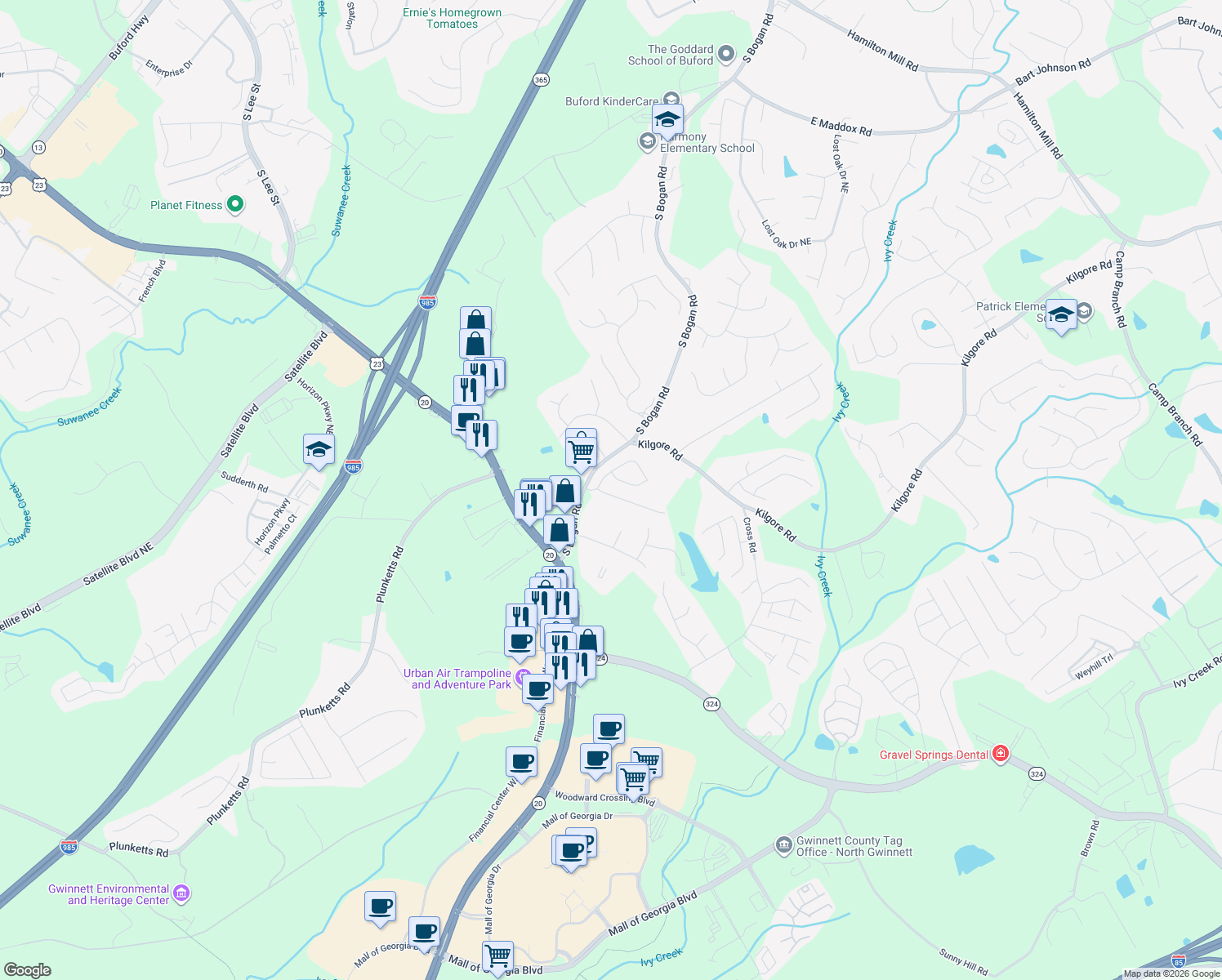 map of restaurants, bars, coffee shops, grocery stores, and more near 3567 Harvest Ridge Lane Northeast in Buford