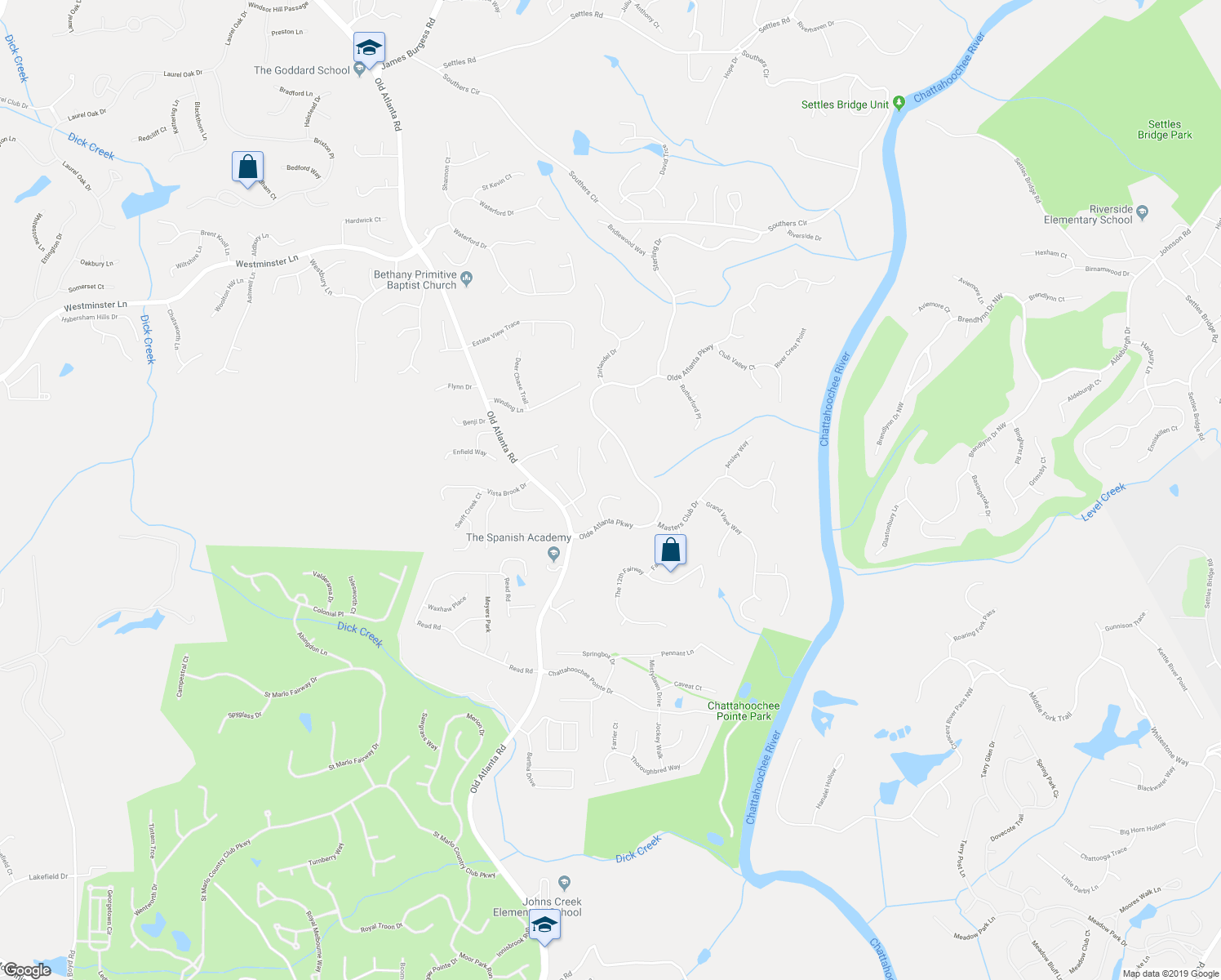 map of restaurants, bars, coffee shops, grocery stores, and more near 5675 Habersham Valley in Suwanee