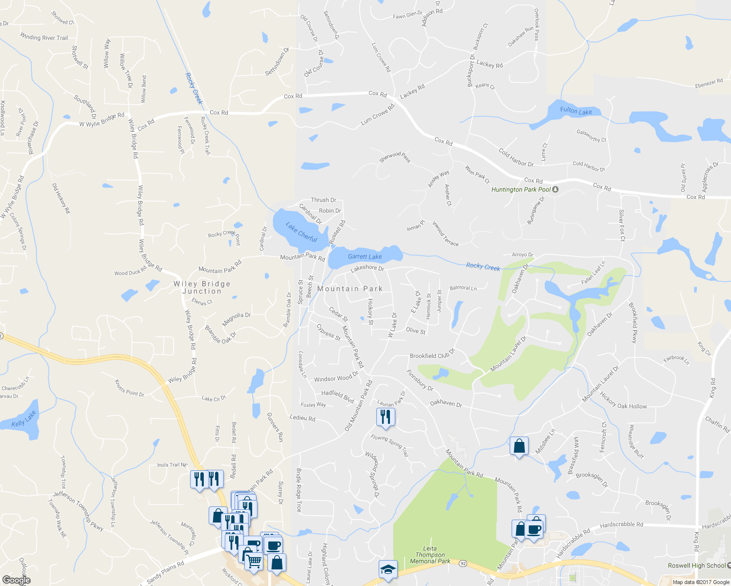 map of restaurants, bars, coffee shops, grocery stores, and more near 125 Hickory Street in Roswell