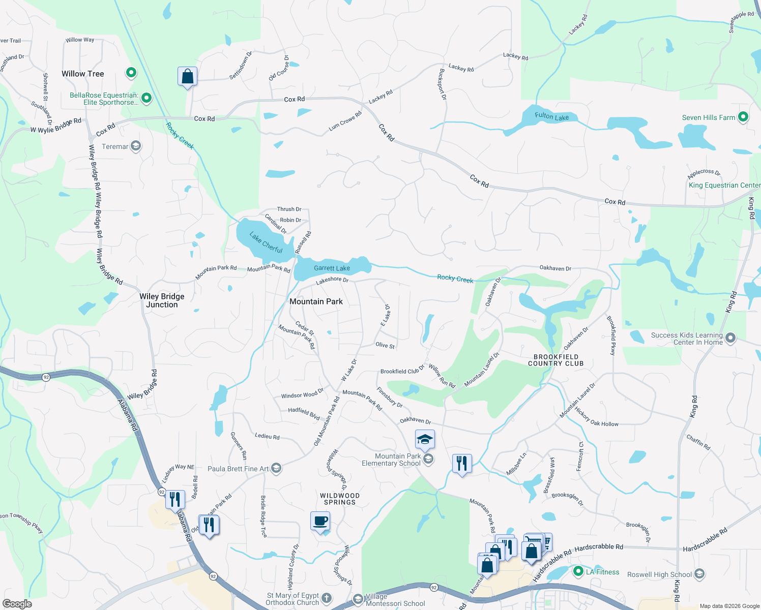 map of restaurants, bars, coffee shops, grocery stores, and more near 129 E Lake Dr in Roswell