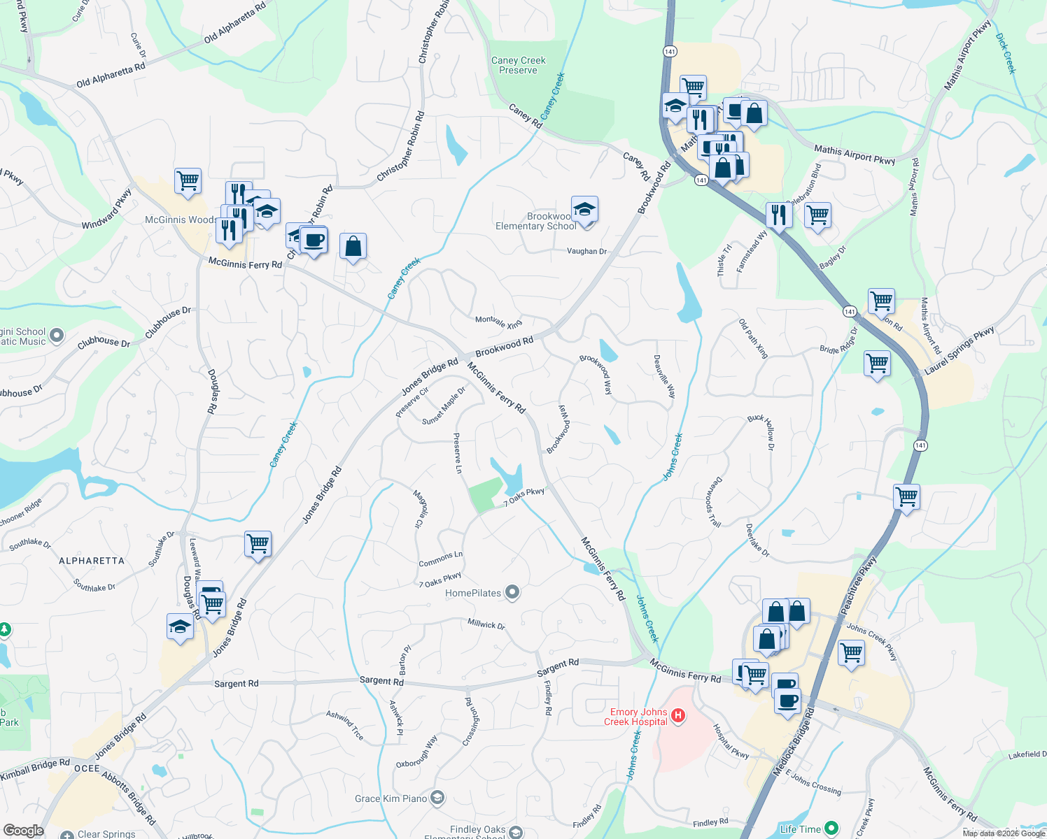 map of restaurants, bars, coffee shops, grocery stores, and more near 350 Tree Lake Ct in Alpharetta