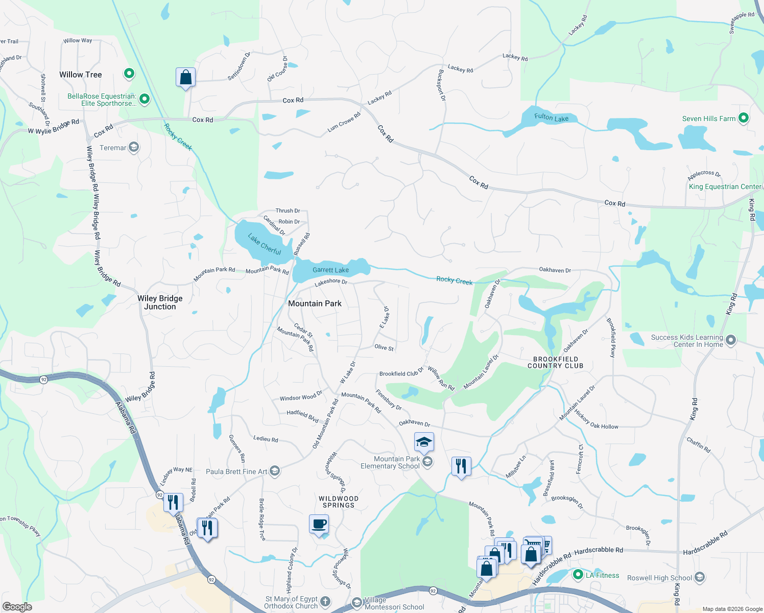 map of restaurants, bars, coffee shops, grocery stores, and more near 129 East Lake Drive in Roswell