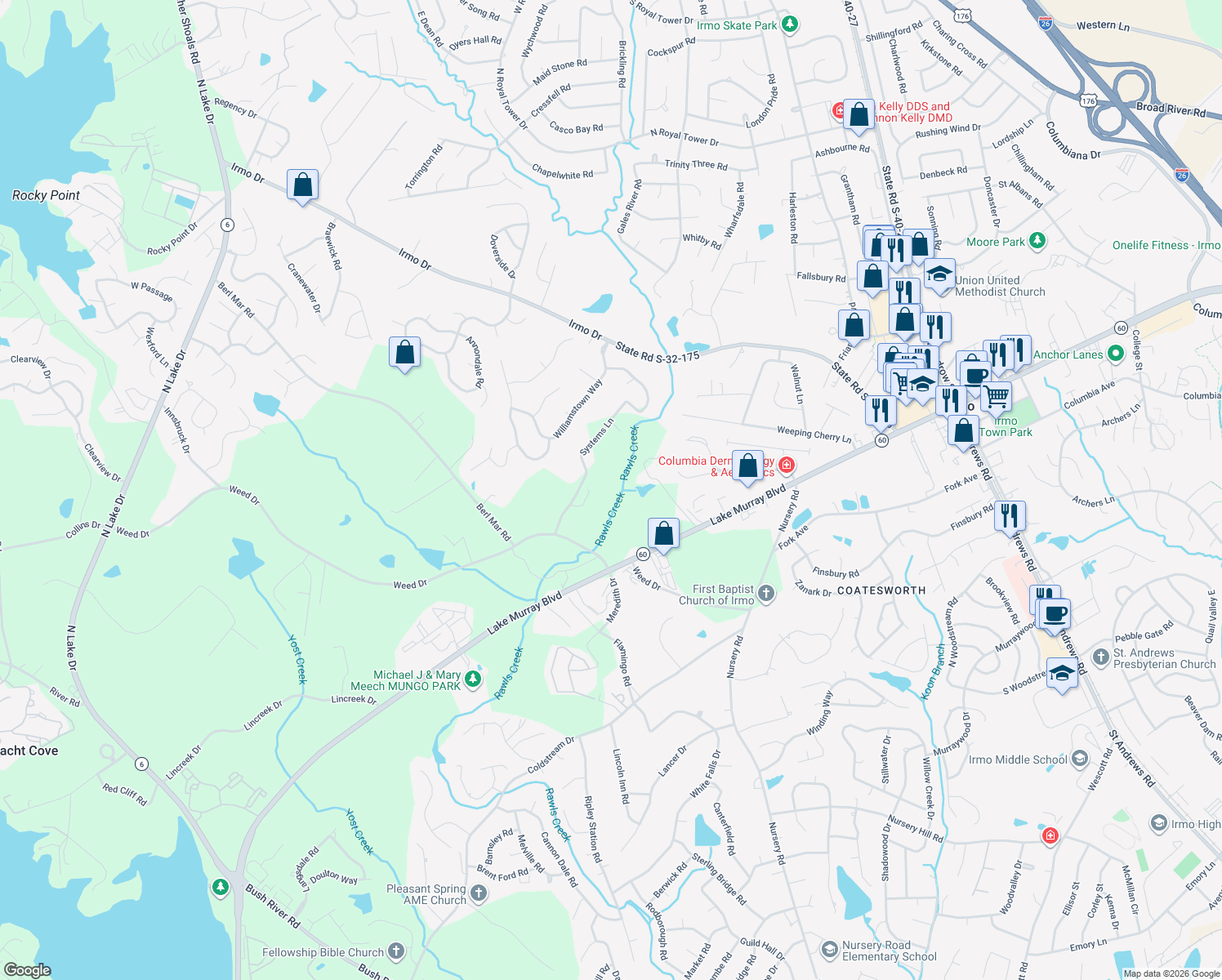 map of restaurants, bars, coffee shops, grocery stores, and more near 132 Systems Lane in Columbia