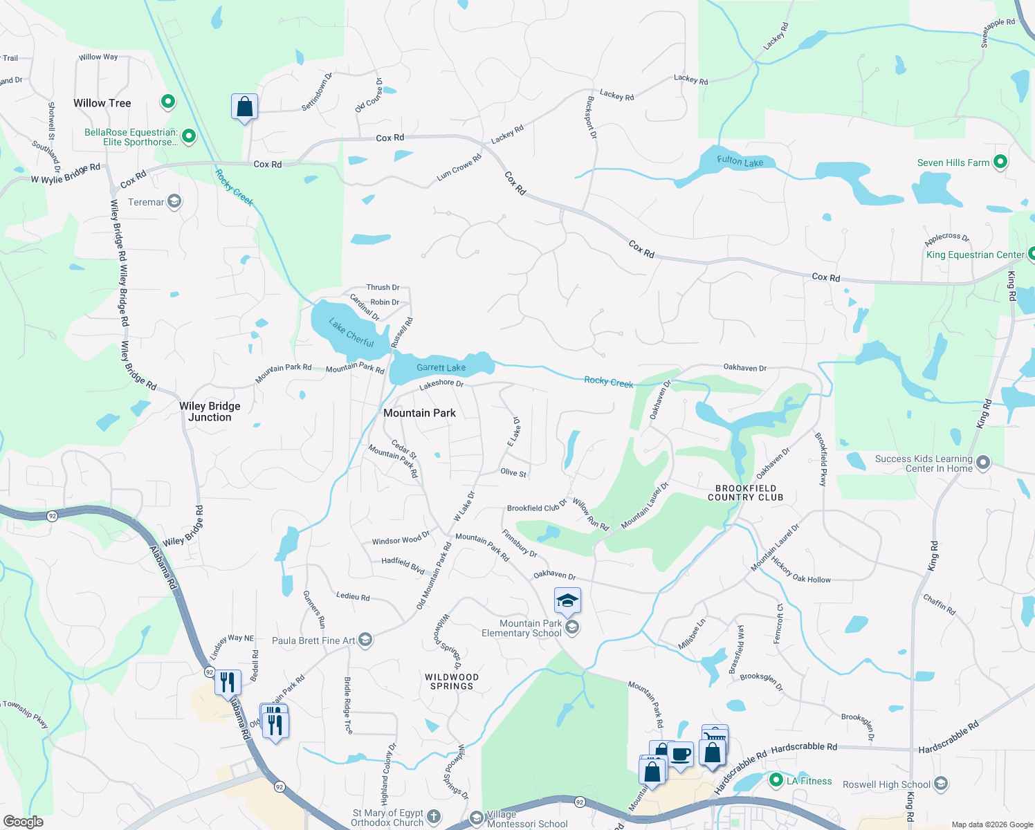map of restaurants, bars, coffee shops, grocery stores, and more near 126 East Lake Drive in Roswell