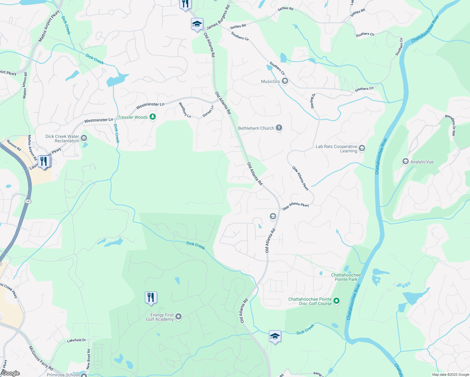 map of restaurants, bars, coffee shops, grocery stores, and more near 5780 Vista Brook Drive in Suwanee