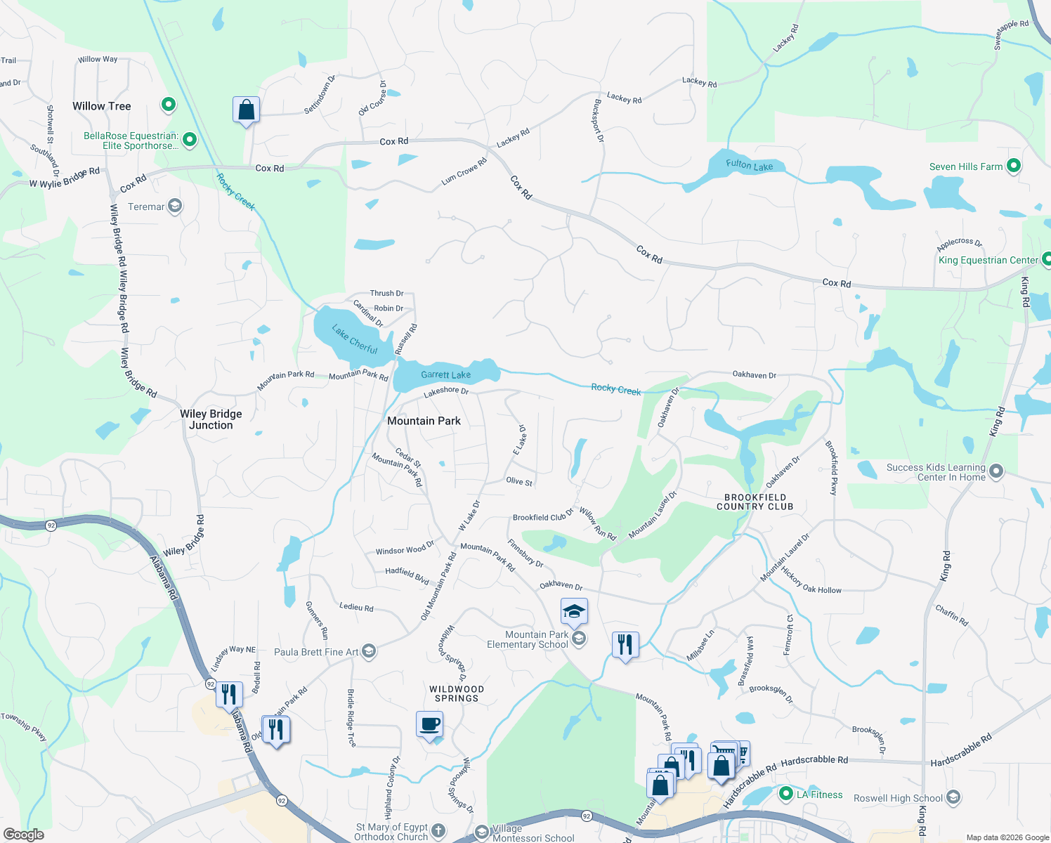 map of restaurants, bars, coffee shops, grocery stores, and more near 126 East Lake Drive in Roswell