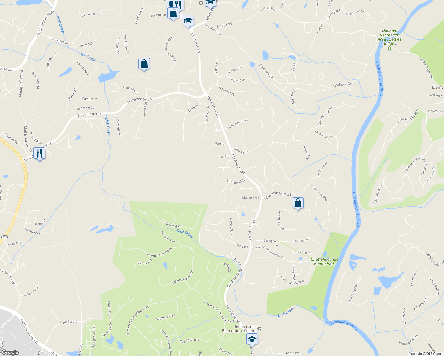 map of restaurants, bars, coffee shops, grocery stores, and more near 5685 Enfield Way in Suwanee