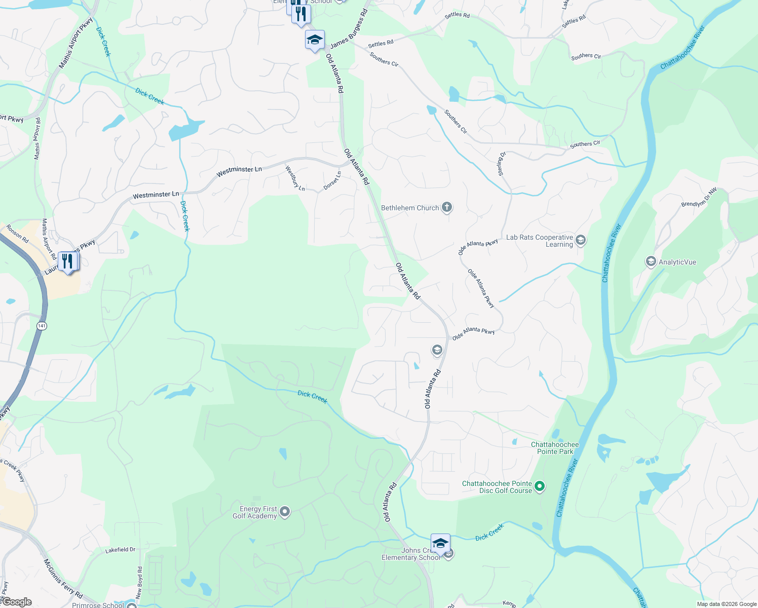 map of restaurants, bars, coffee shops, grocery stores, and more near 5685 Enfield Way in Suwanee