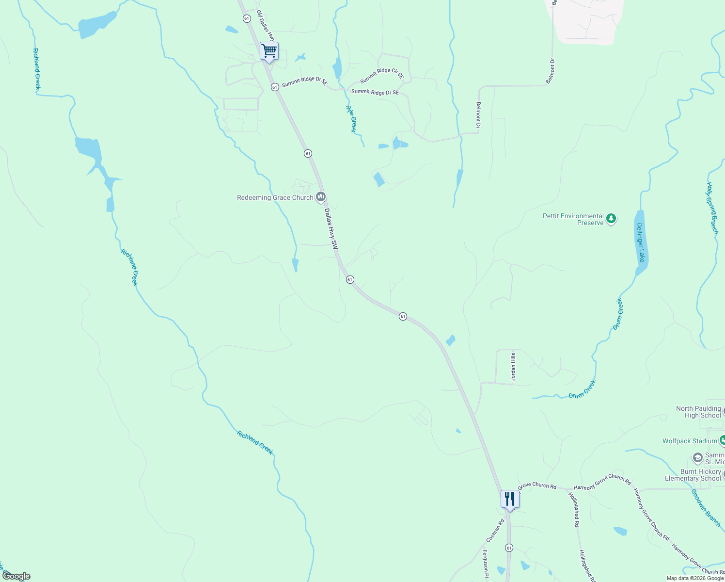 map of restaurants, bars, coffee shops, grocery stores, and more near Dallas Highway Southwest in Cartersville