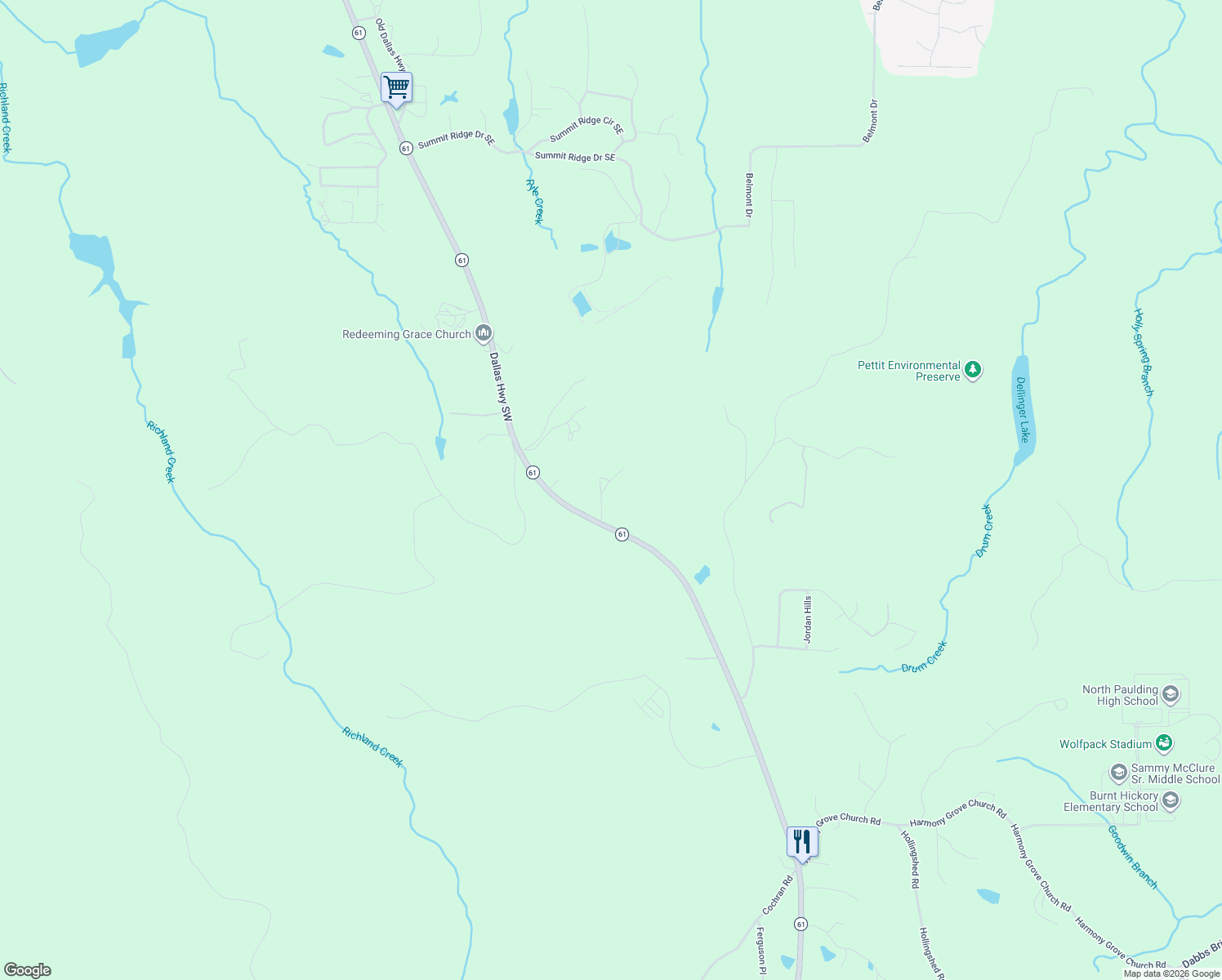 map of restaurants, bars, coffee shops, grocery stores, and more near 28 Tidwell Road Southeast in Cartersville