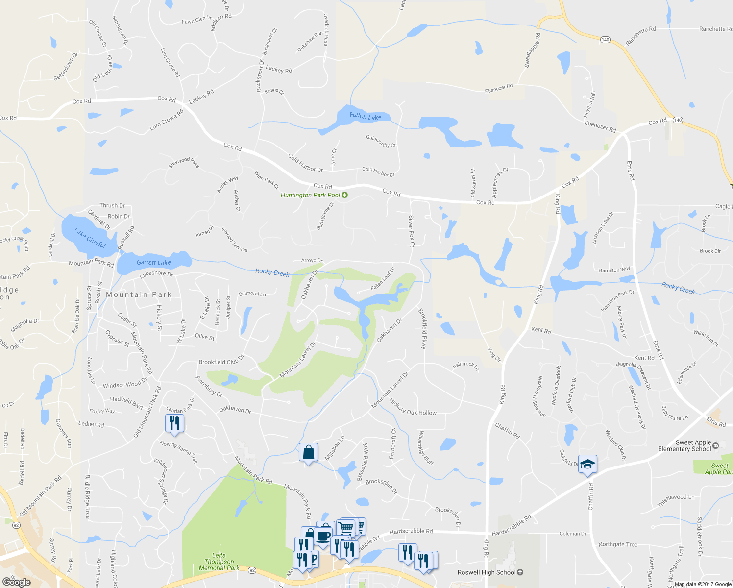map of restaurants, bars, coffee shops, grocery stores, and more near 380 Fallen Leaf Lane in Roswell