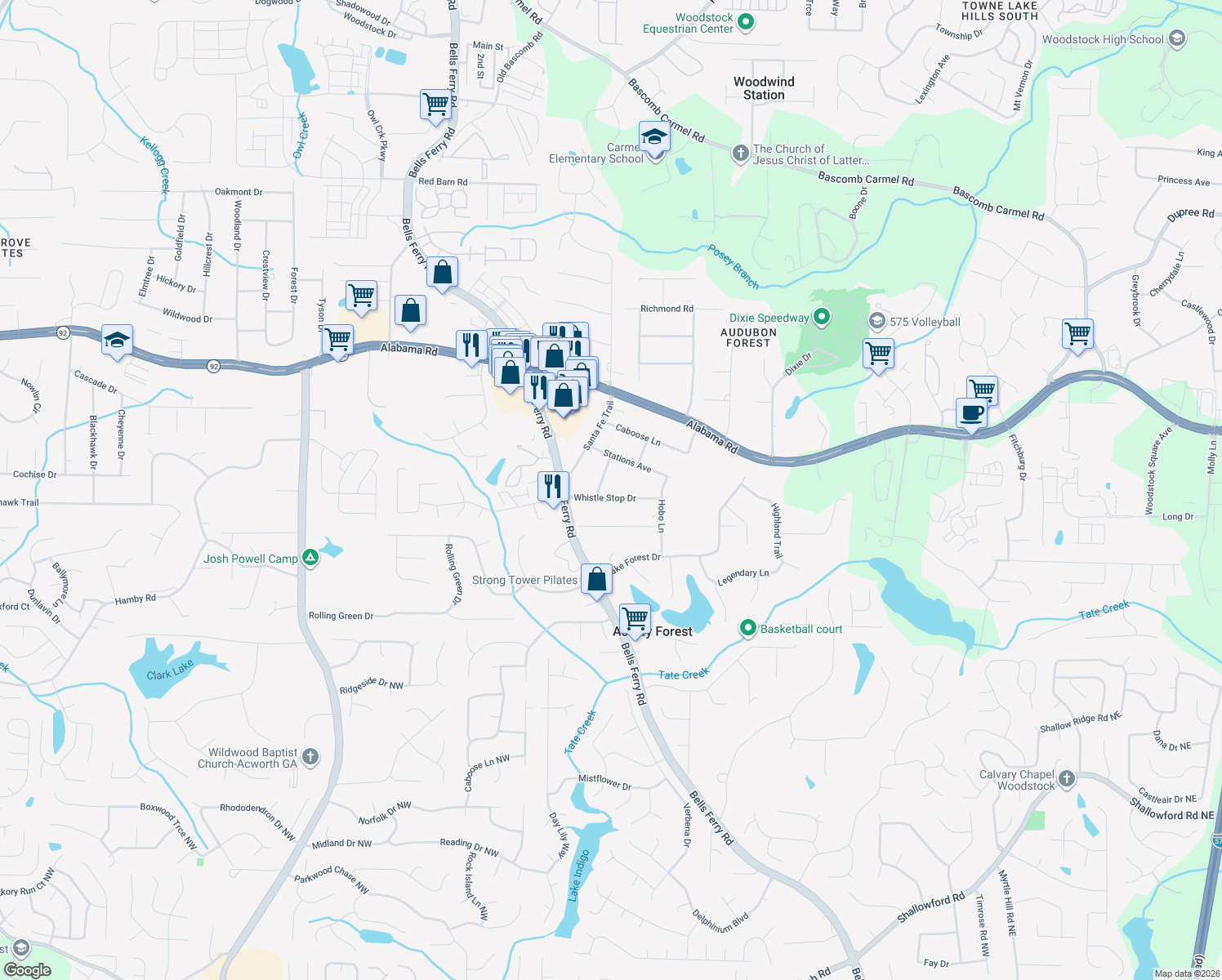 map of restaurants, bars, coffee shops, grocery stores, and more near 514 Whistle Stop Drive in Woodstock