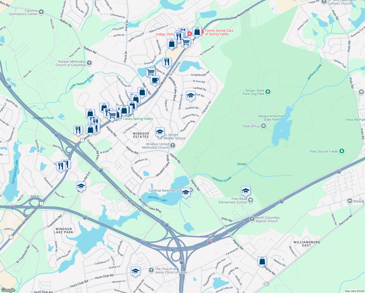 map of restaurants, bars, coffee shops, grocery stores, and more near 9420 Highgate Road in Columbia
