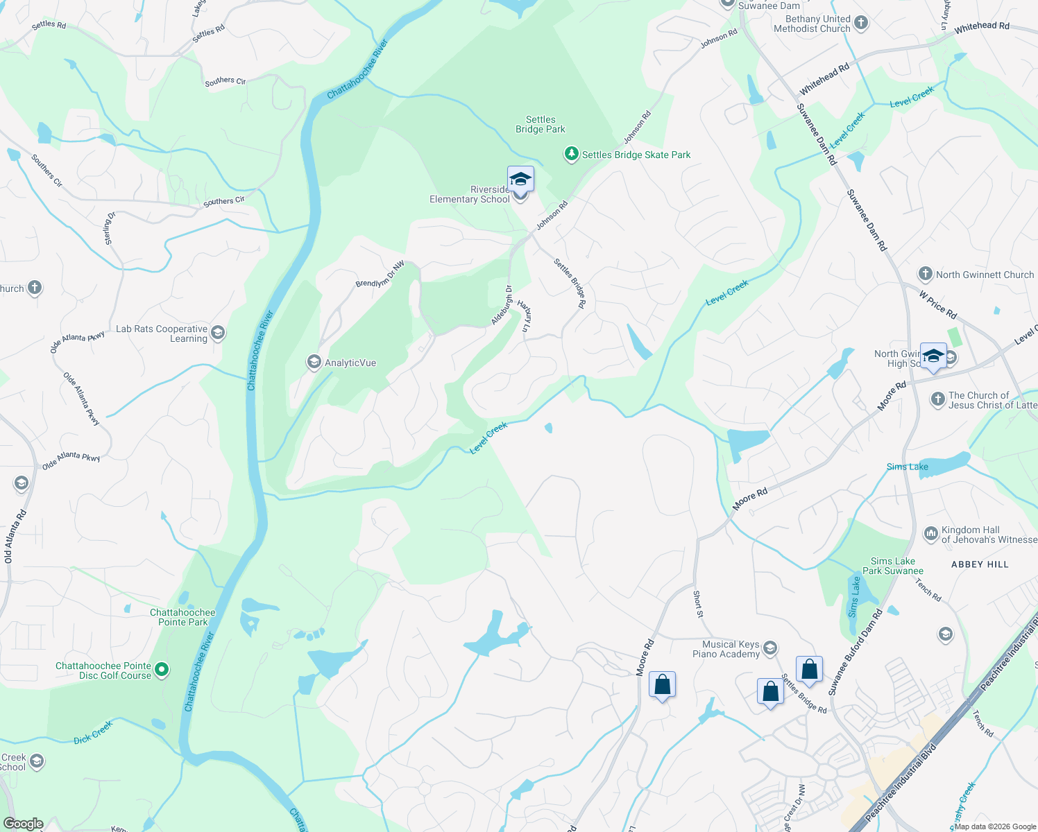 map of restaurants, bars, coffee shops, grocery stores, and more near 5102 Enniskillen Court in Suwanee