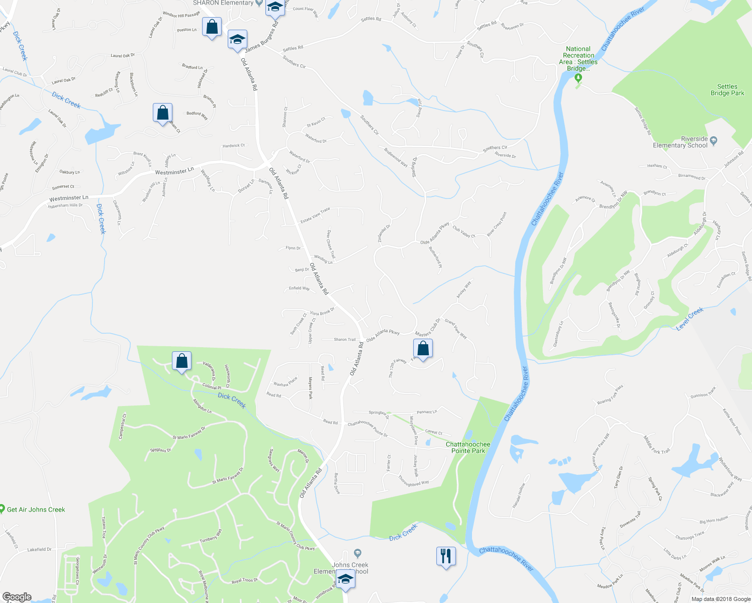 map of restaurants, bars, coffee shops, grocery stores, and more near 5974 Waterford Place in Suwanee