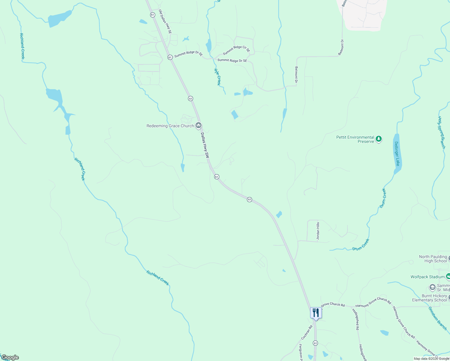 map of restaurants, bars, coffee shops, grocery stores, and more near 28 Tidwell Road in Cartersville