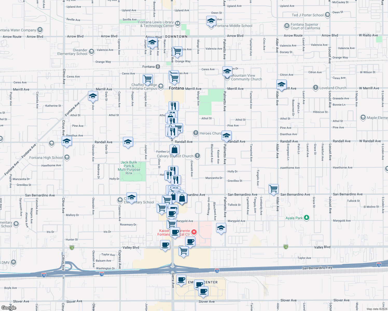 map of restaurants, bars, coffee shops, grocery stores, and more near 9405 Emerald Ave in Fontana