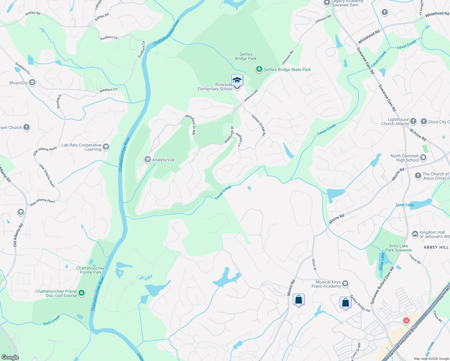 map of restaurants, bars, coffee shops, grocery stores, and more near 5105 Harbury Lane in Suwanee