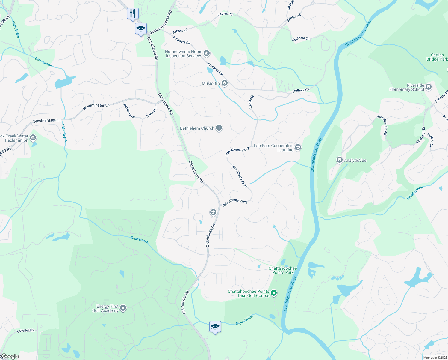 map of restaurants, bars, coffee shops, grocery stores, and more near 5974 Waterford Place in Suwanee