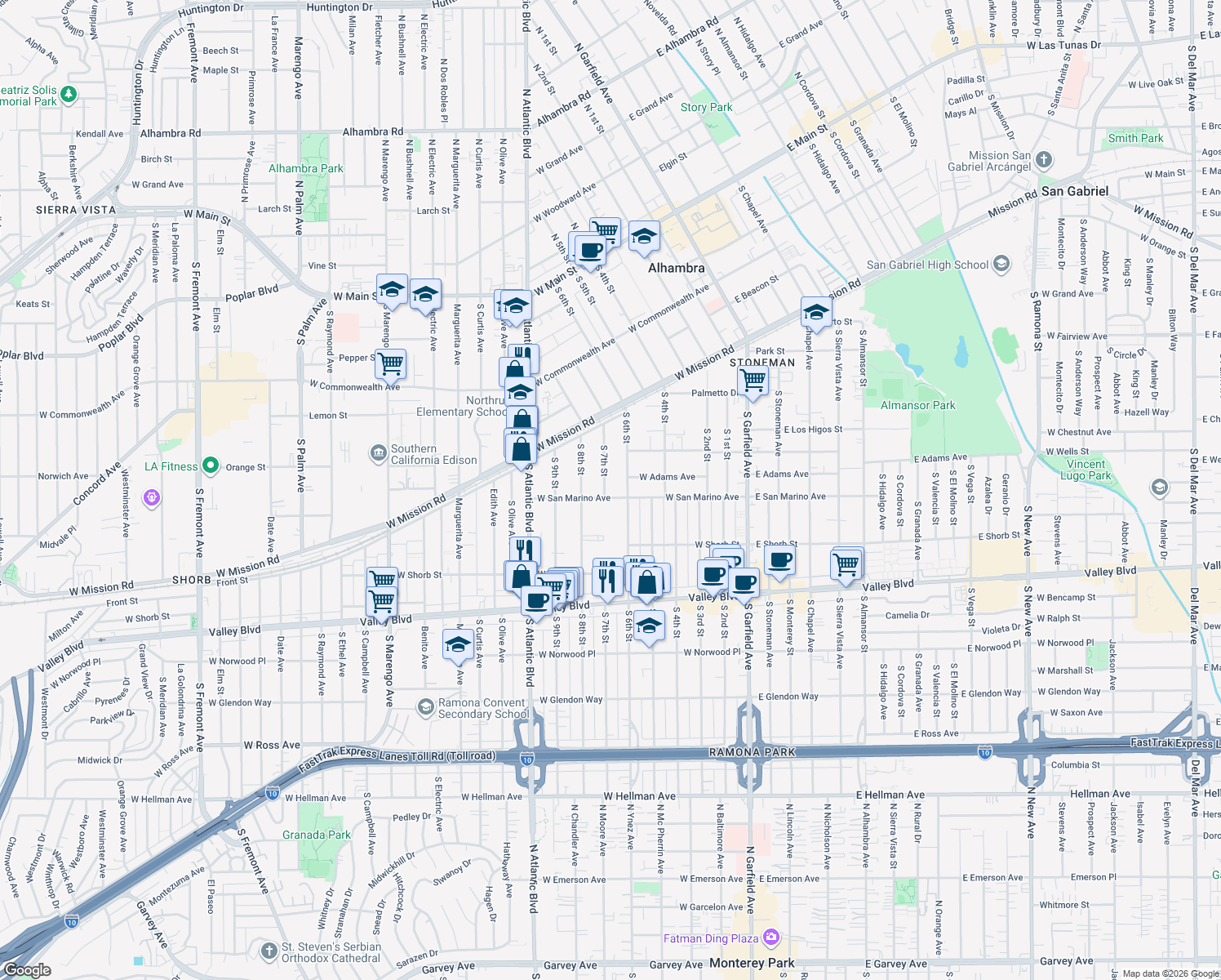map of restaurants, bars, coffee shops, grocery stores, and more near 832 South 7th Street in Alhambra