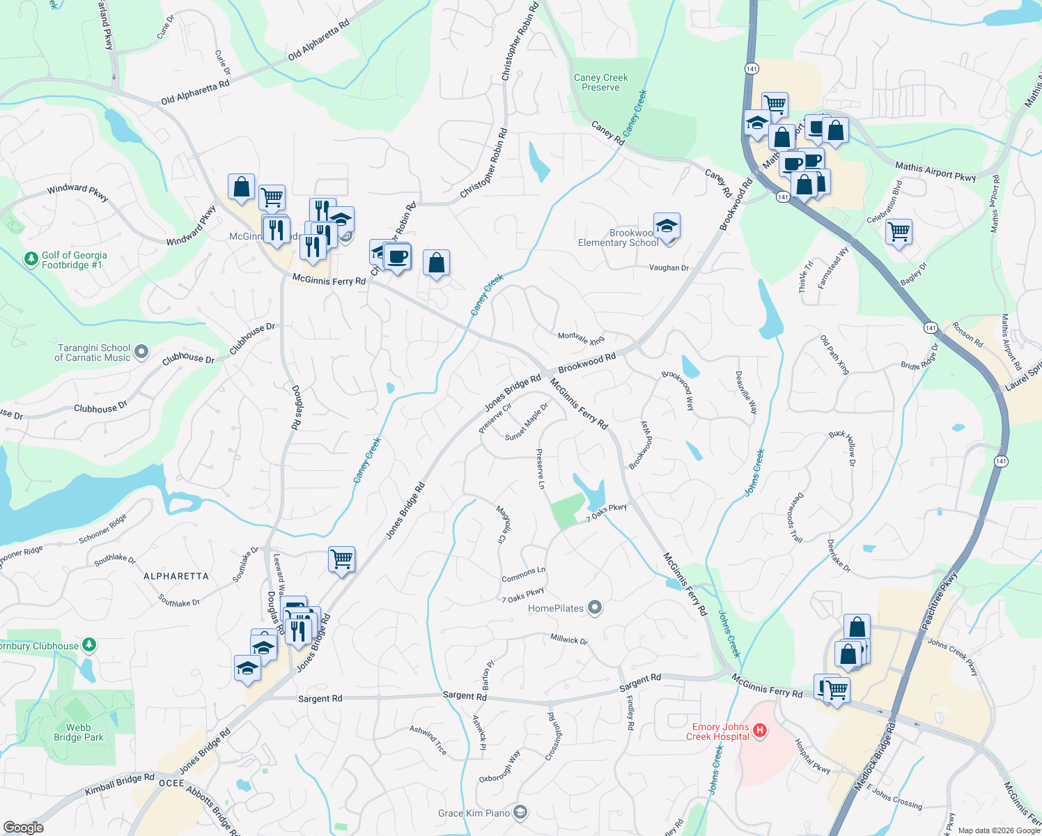 map of restaurants, bars, coffee shops, grocery stores, and more near 12535 Sunset Maple Way in Alpharetta