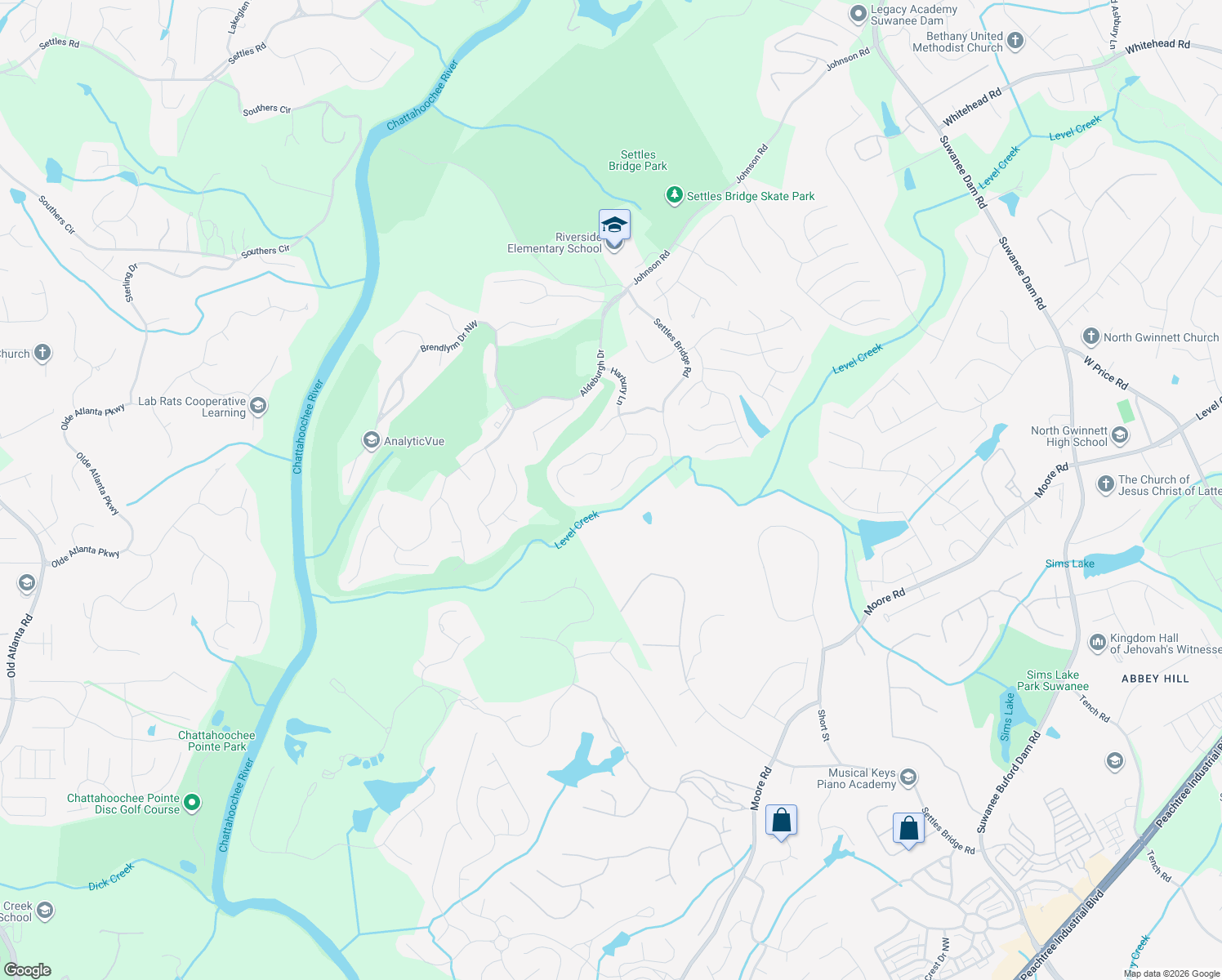 map of restaurants, bars, coffee shops, grocery stores, and more near 5102 Enniskillen Court in Suwanee