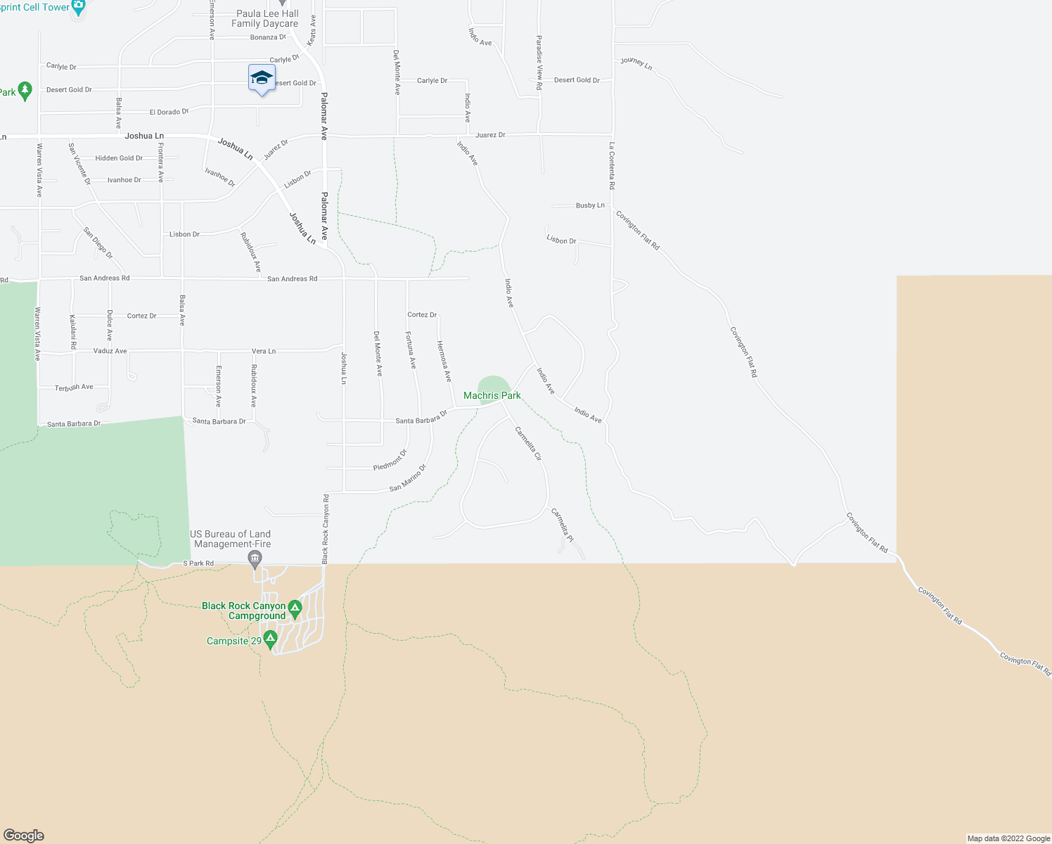 map of restaurants, bars, coffee shops, grocery stores, and more near 58987 Carmelita Circle in Yucca Valley