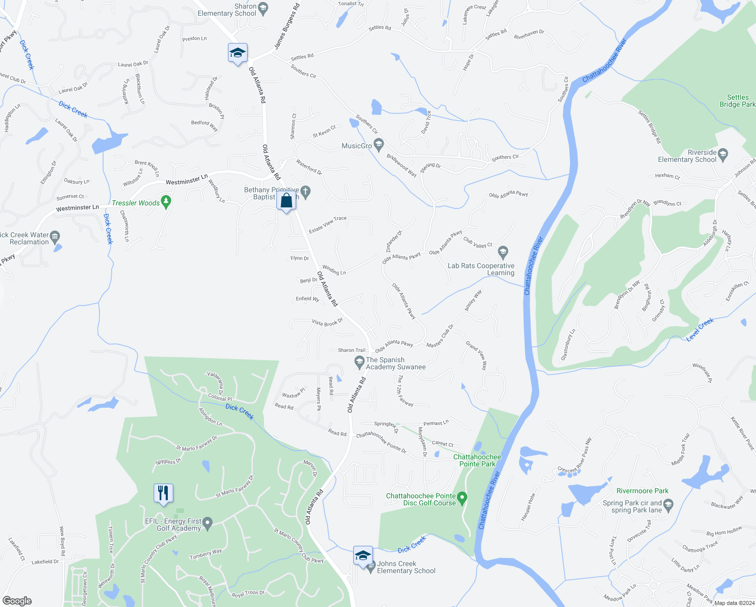 map of restaurants, bars, coffee shops, grocery stores, and more near 5650 Warmstone Lane in Suwanee
