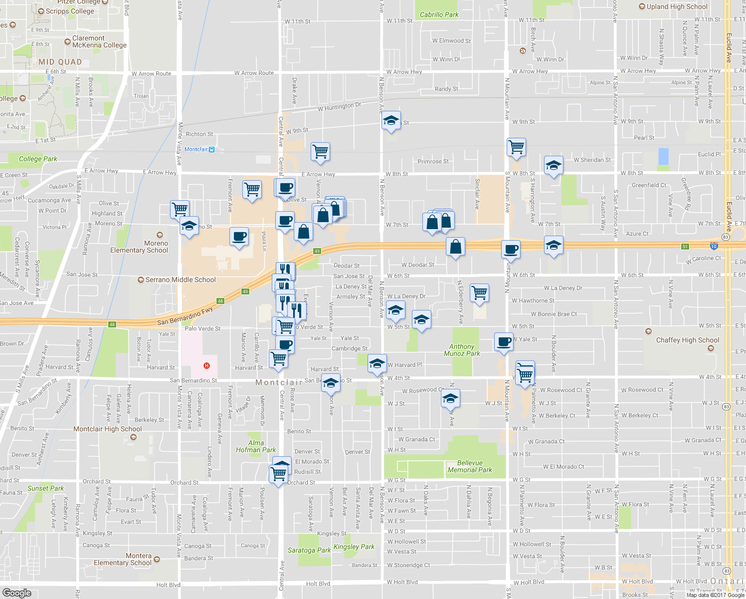 map of restaurants, bars, coffee shops, grocery stores, and more near 9381 Del Mar Avenue in Montclair