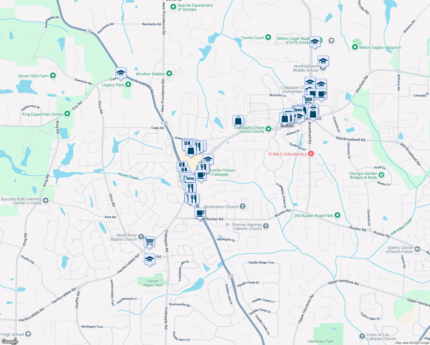 map of restaurants, bars, coffee shops, grocery stores, and more near 555 Carybell Lane in Alpharetta