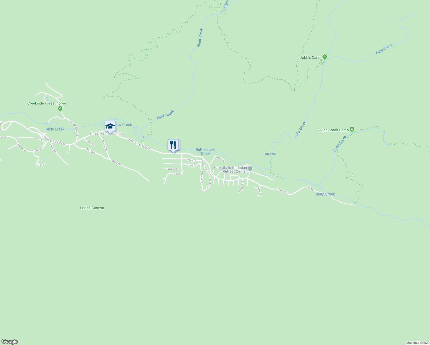 map of restaurants, bars, coffee shops, grocery stores, and more near 9345 Conifer Drive in Forest Falls