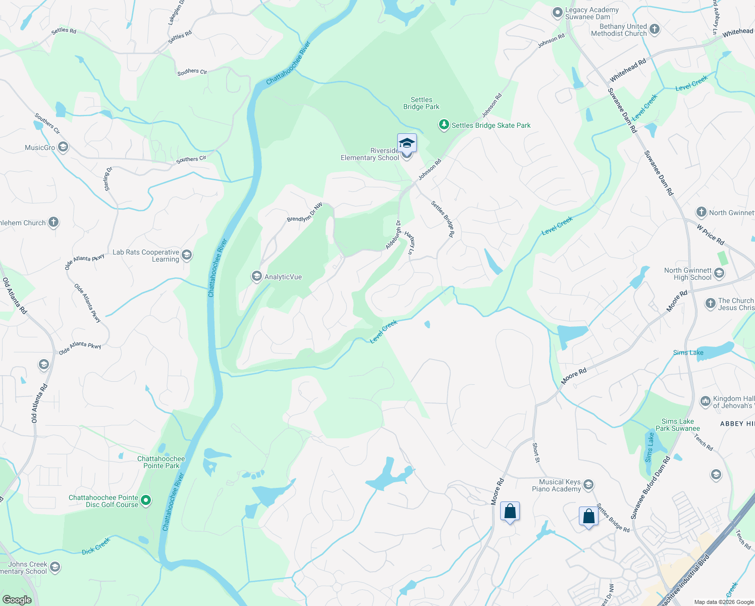 map of restaurants, bars, coffee shops, grocery stores, and more near 5105 Harbury Lane in Suwanee
