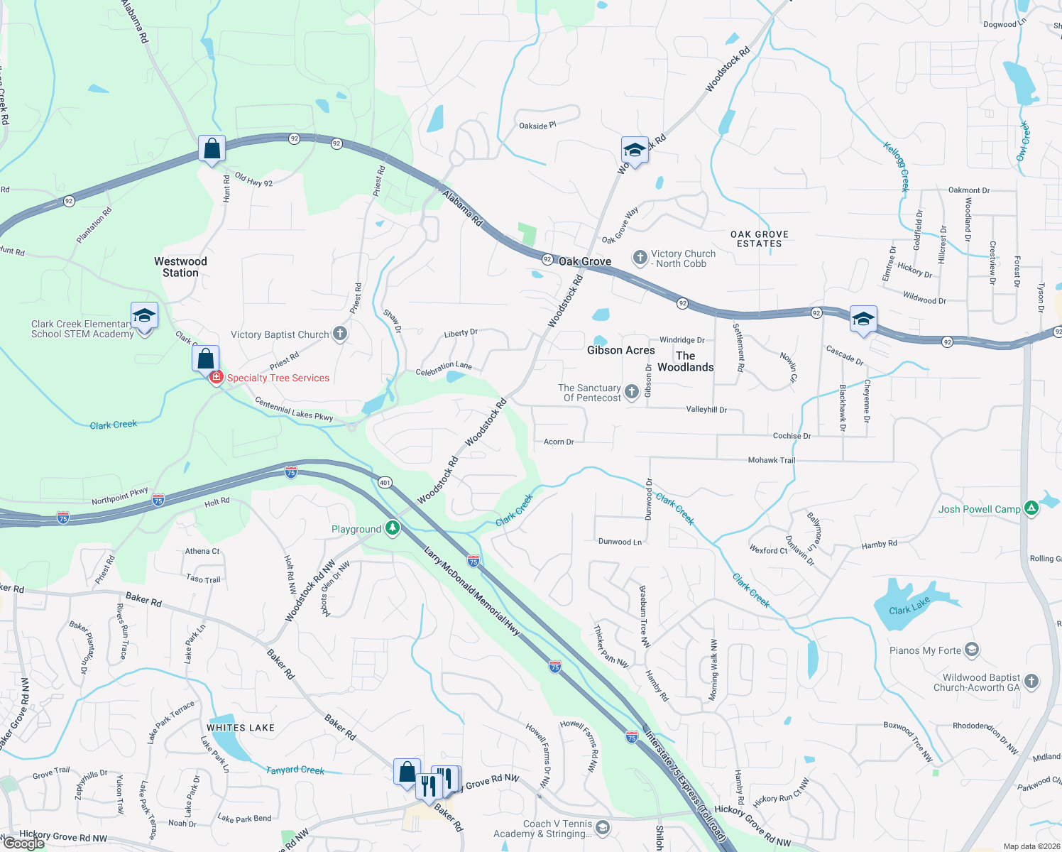 map of restaurants, bars, coffee shops, grocery stores, and more near 208 Autumn Trail in Acworth