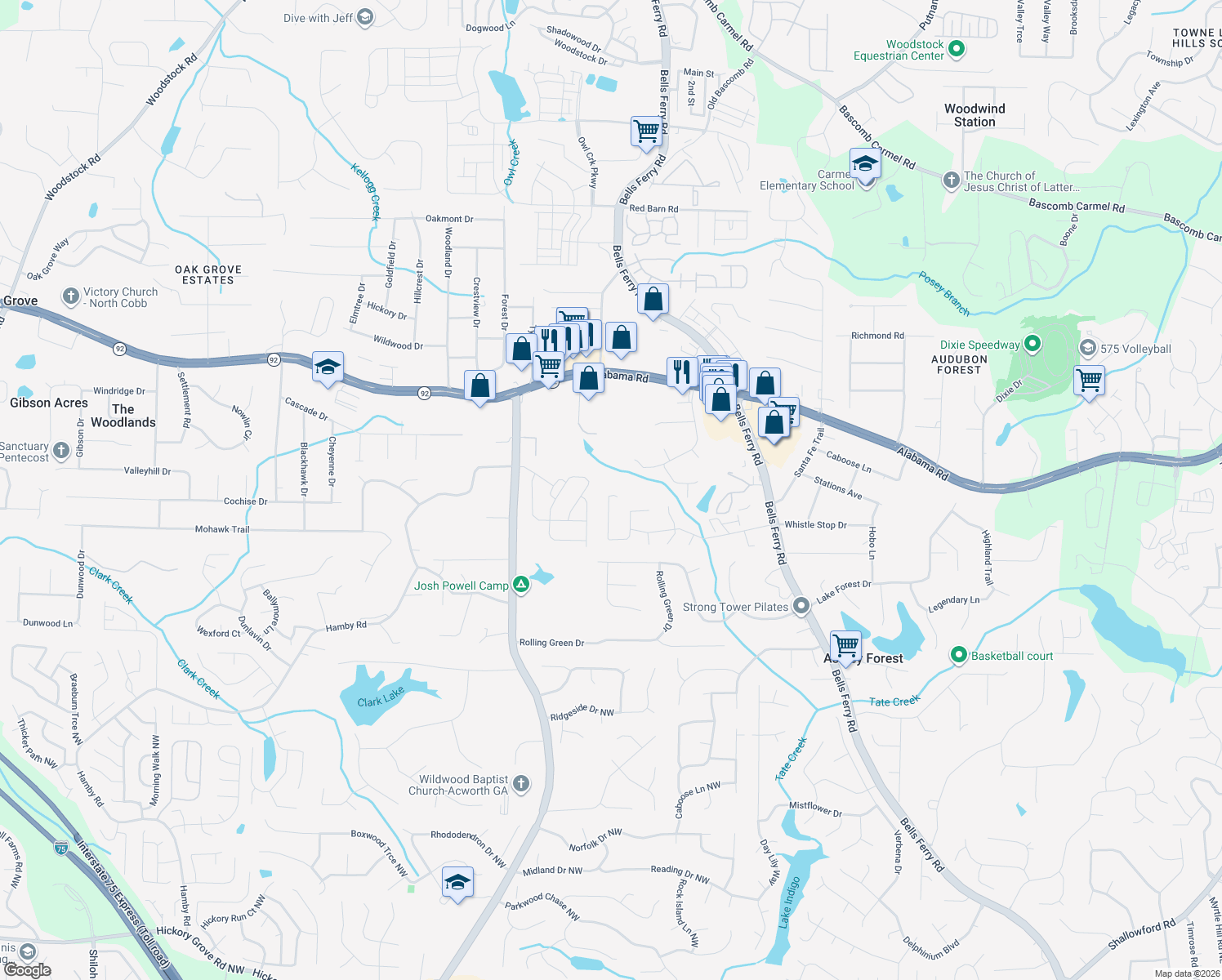 map of restaurants, bars, coffee shops, grocery stores, and more near 5381 Cross Creek Cove in Acworth