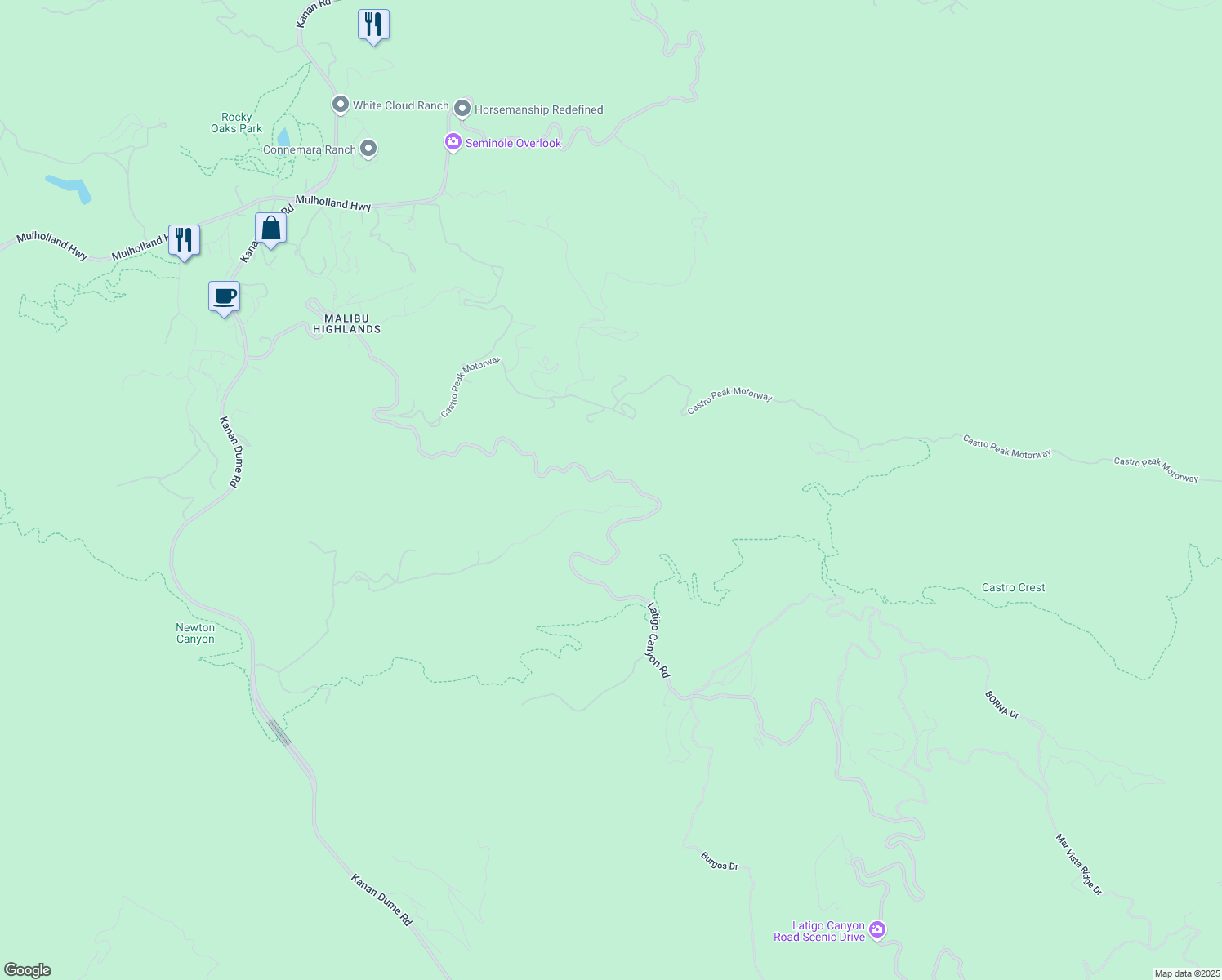 map of restaurants, bars, coffee shops, grocery stores, and more near 28525 Newton Canyon Road in Malibu