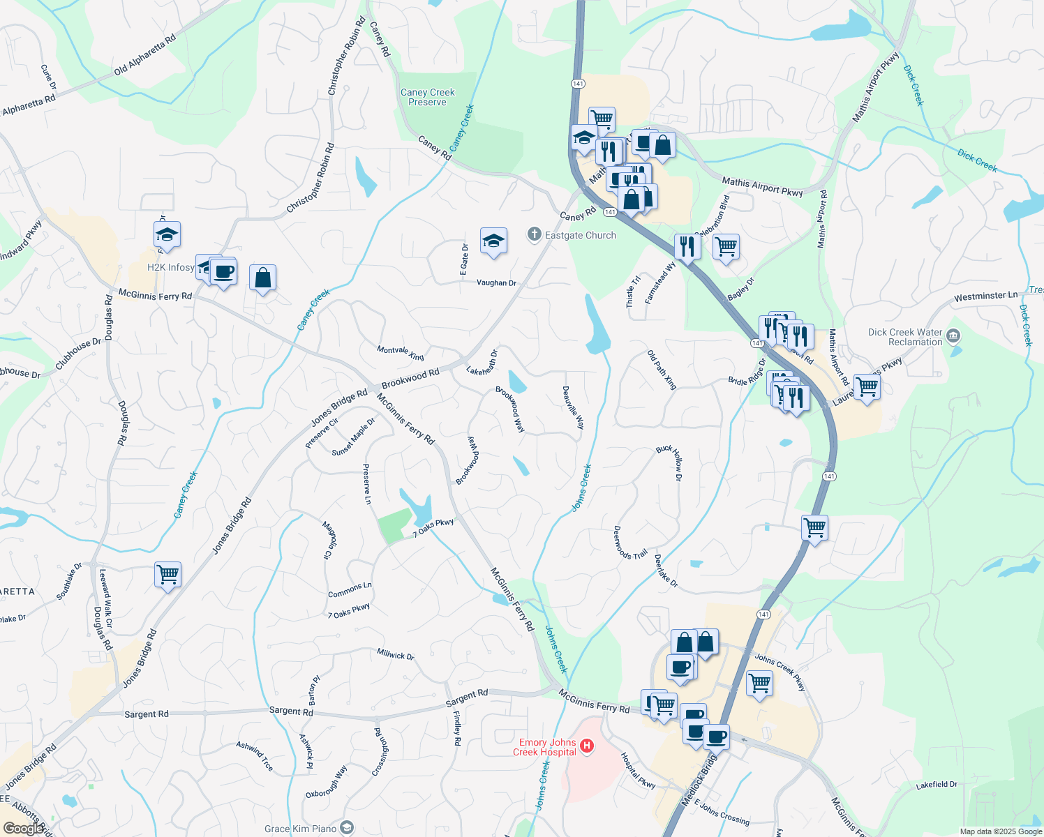 map of restaurants, bars, coffee shops, grocery stores, and more near 7545 Brookwood Way in Cumming