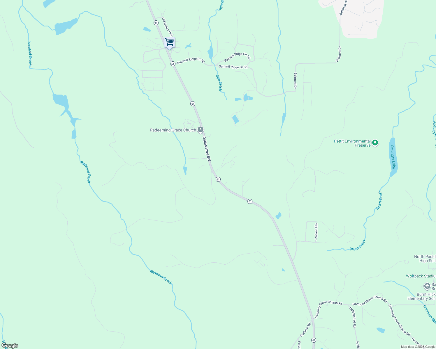 map of restaurants, bars, coffee shops, grocery stores, and more near 26 Mayfield Road Southeast in Cartersville