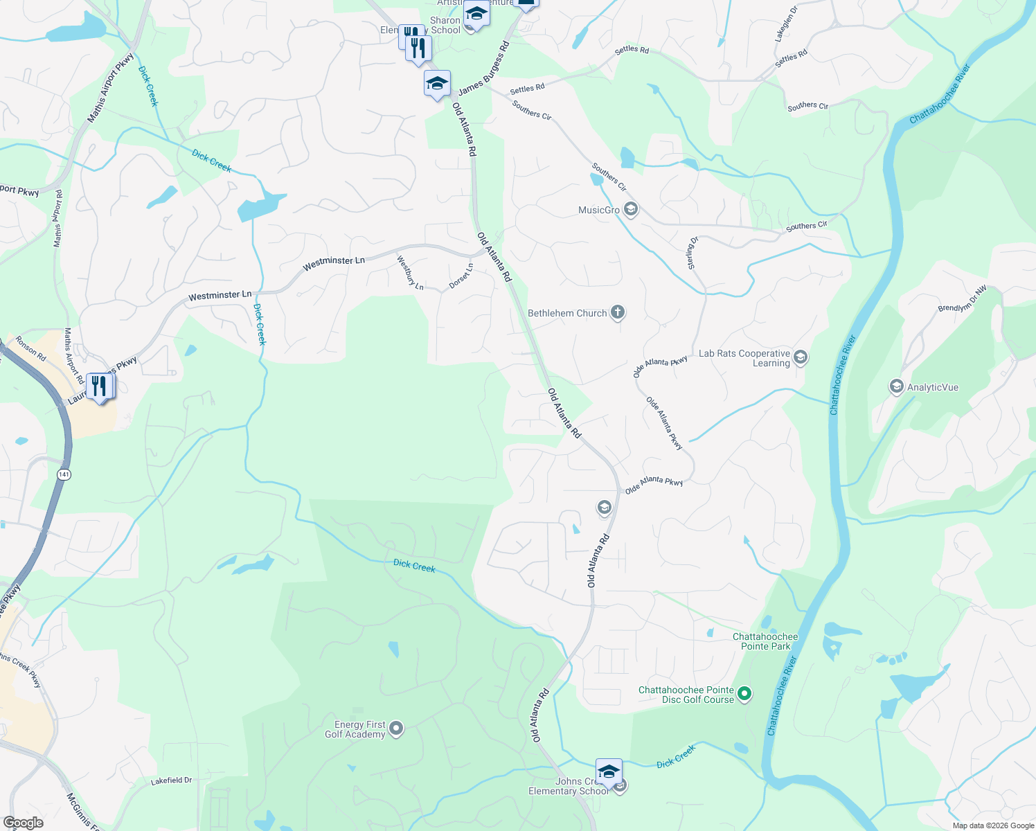map of restaurants, bars, coffee shops, grocery stores, and more near 5345 Benji Drive in Suwanee