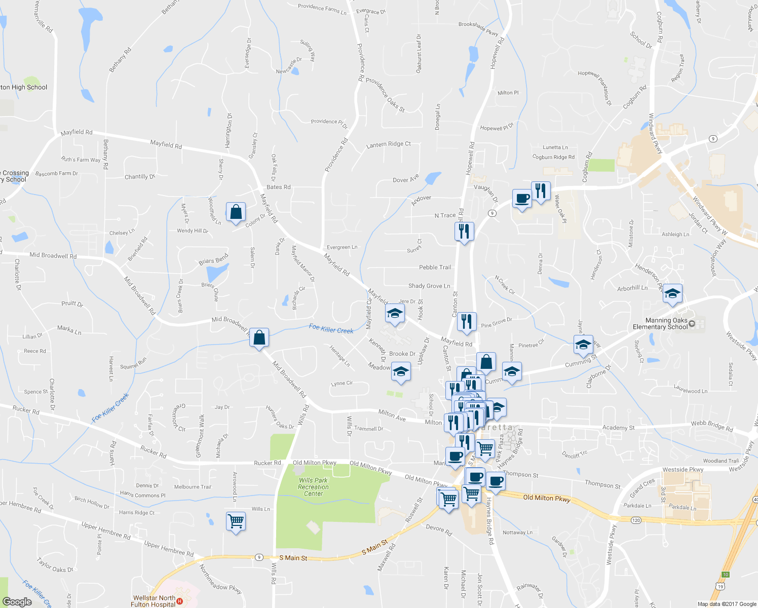 map of restaurants, bars, coffee shops, grocery stores, and more near 260 Mayfield Road in Alpharetta
