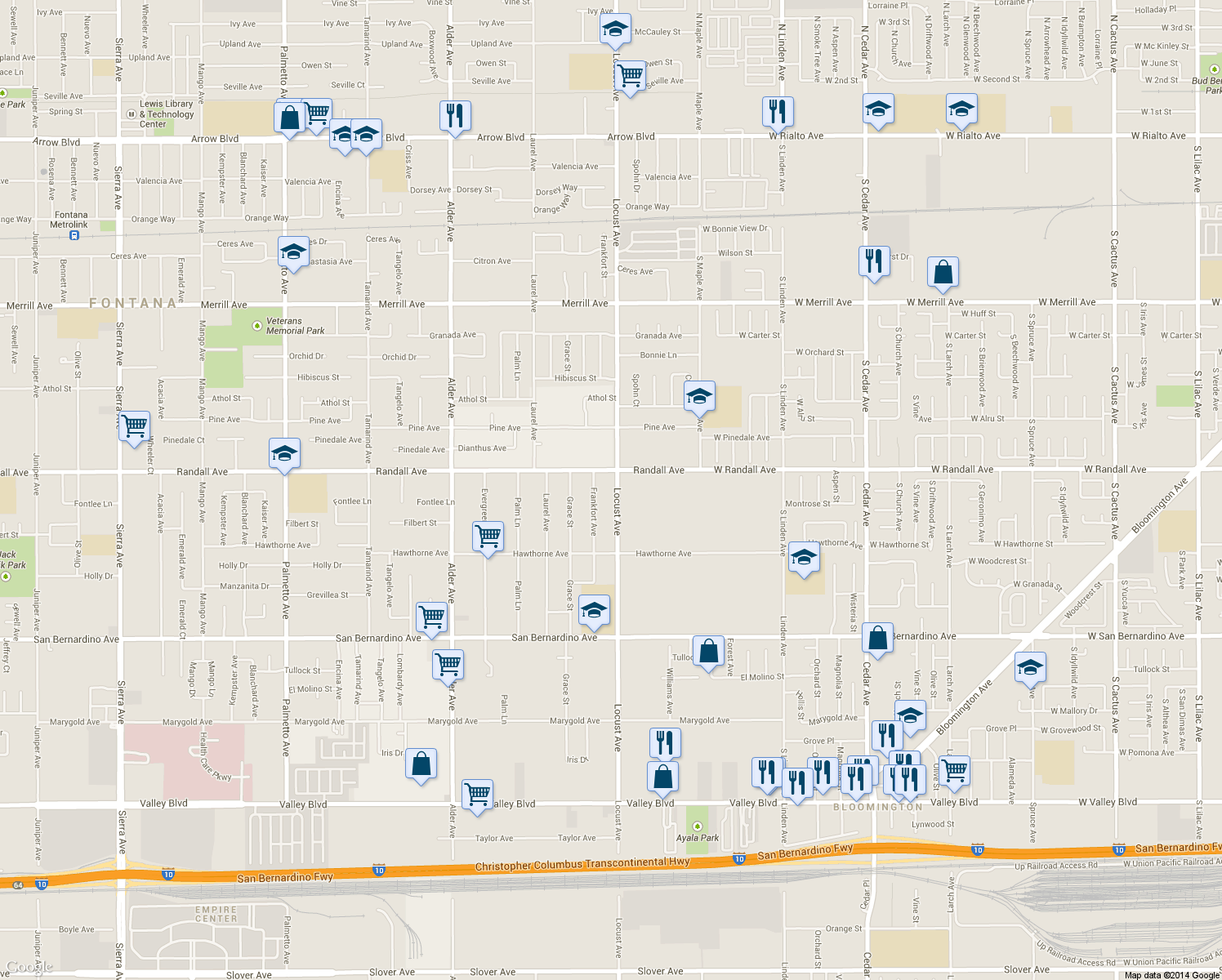 map of restaurants, bars, coffee shops, grocery stores, and more near 9348 Locust Ave in Fontana