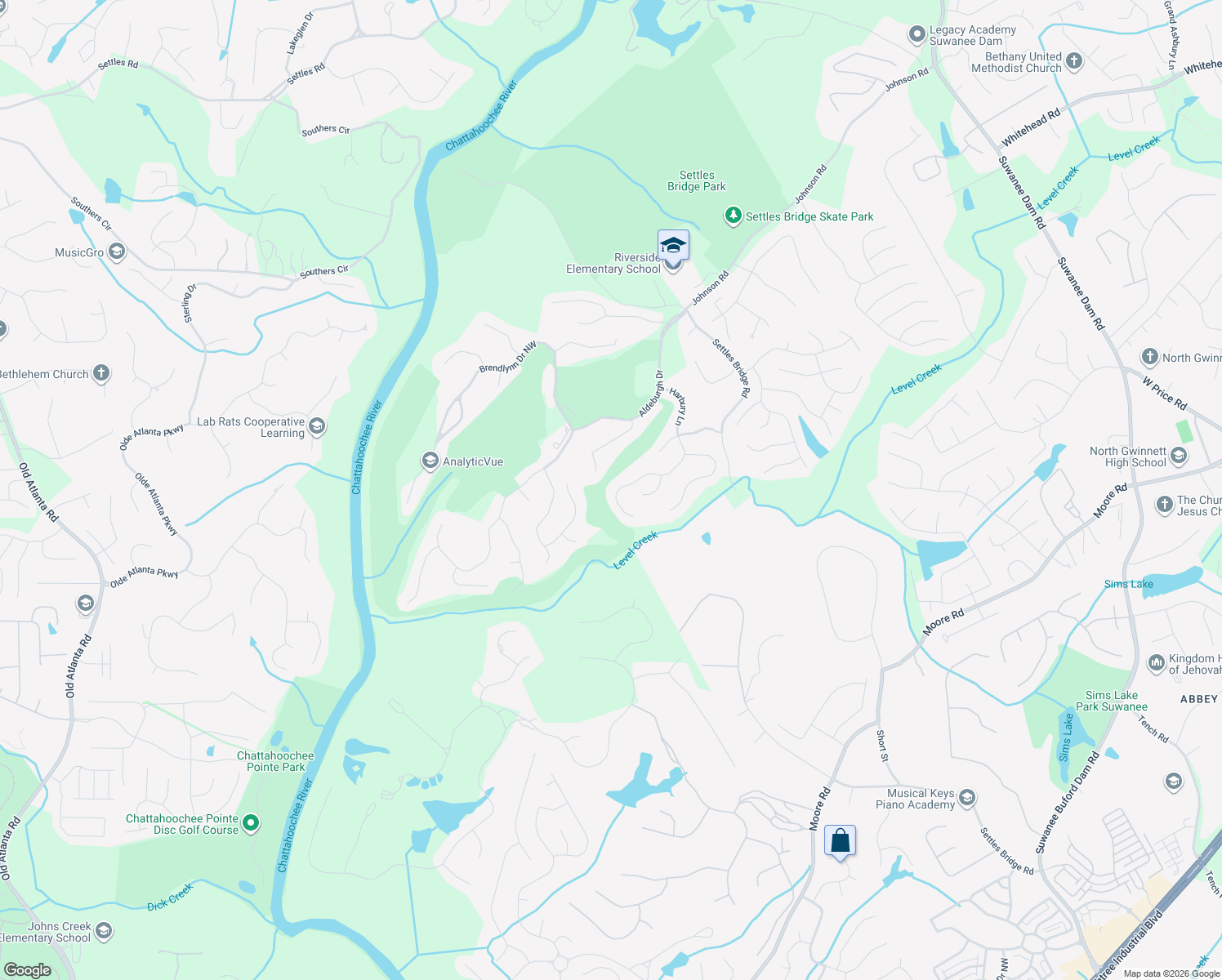 map of restaurants, bars, coffee shops, grocery stores, and more near 5170 Harbury Lane in Suwanee